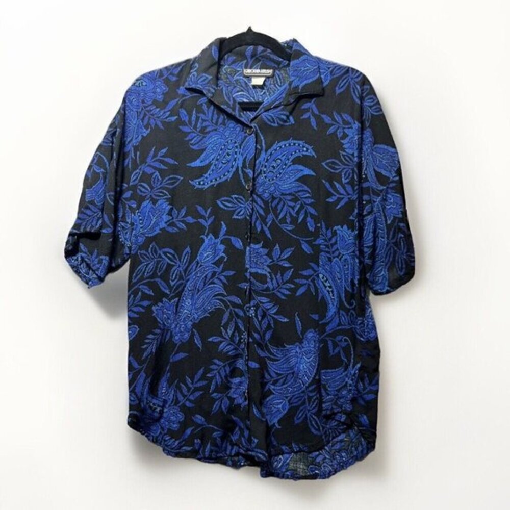 Vintage Womens Blouse Medium Button Up Black Blue Paisley‎ Casual Short Sleeve